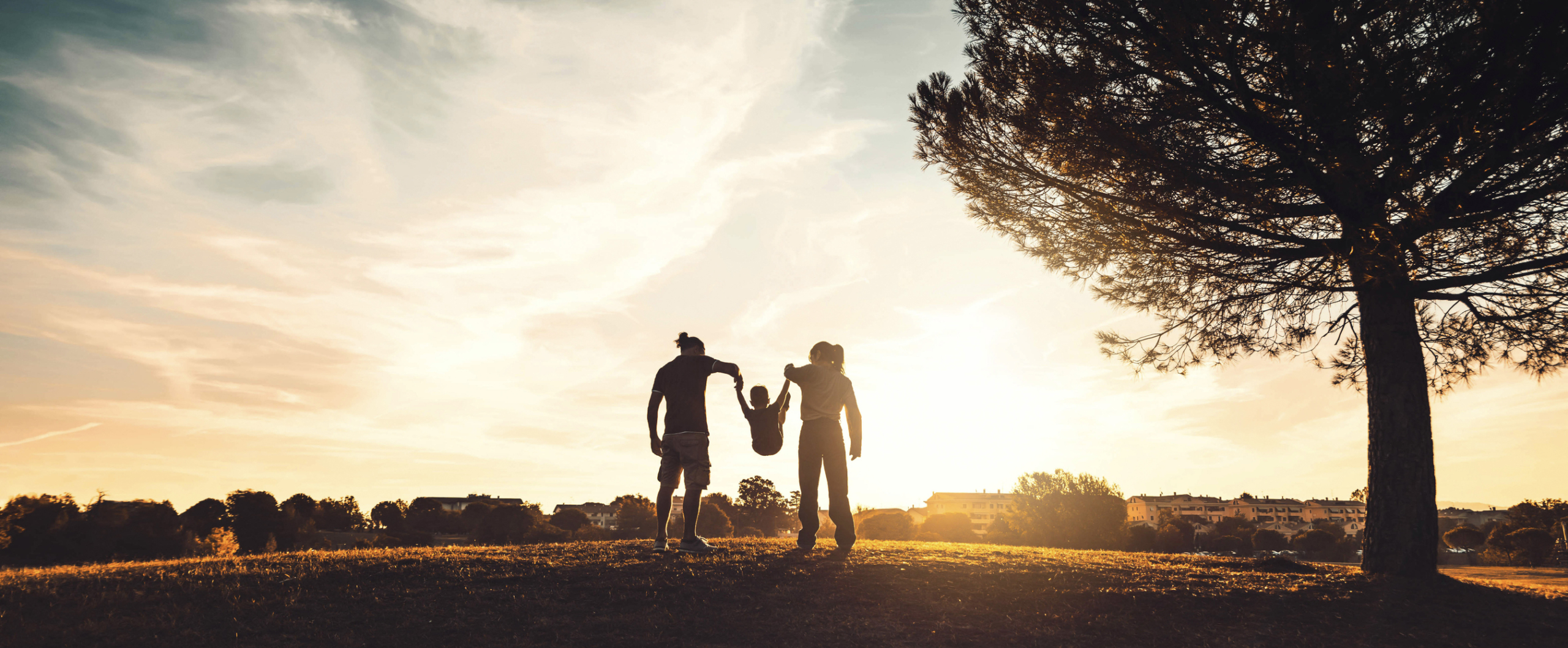 Silhouette of happy family walking in the meadow at sunset  - Mother, father and child son having fun outdoors enjoying time together - Family, love, mental health and happy lifestyle concept